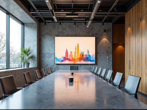 Large conference room with rectangular table, corporate meeting environment, professional business setting, multiple participants