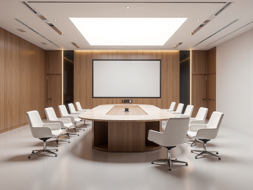 Modern meeting space with oval conference table, contemporary office design, professional business environment
