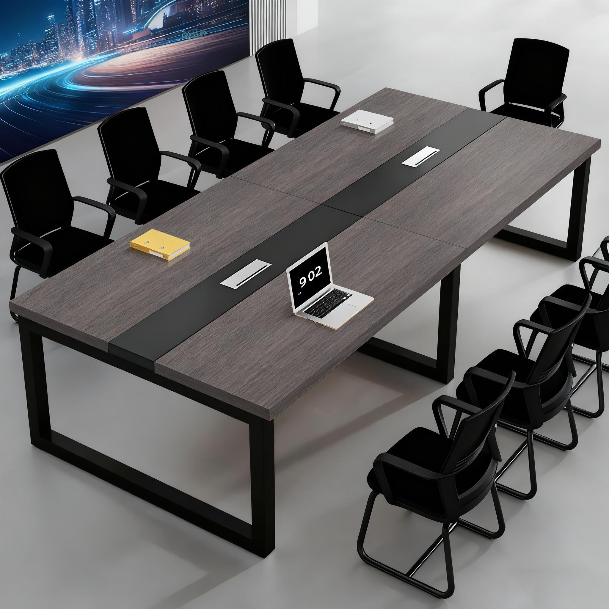 Modern office furniture manufacturing facility with workers assembling conference tables, industrial setting, high-quality materials, professional environment